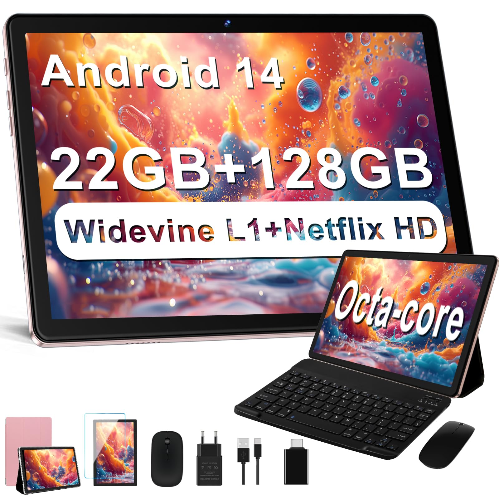 Dghrti 10 Inch Android 14 Tablet, 22GB RAM + 128GB ROM/TF 1TB UFS